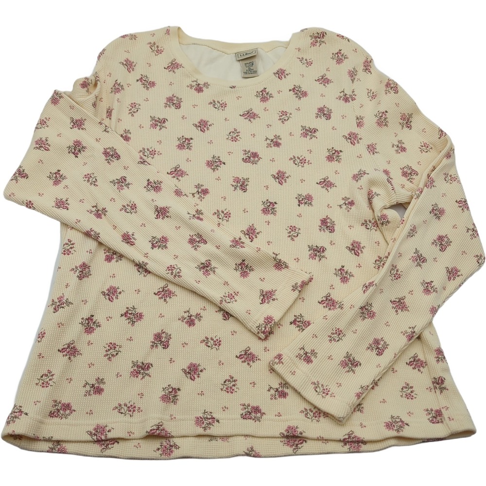 LL Bean Womens XL Waffle Knit Thermal Top Pink Floral Cream Long Sleeve 0 BKA1